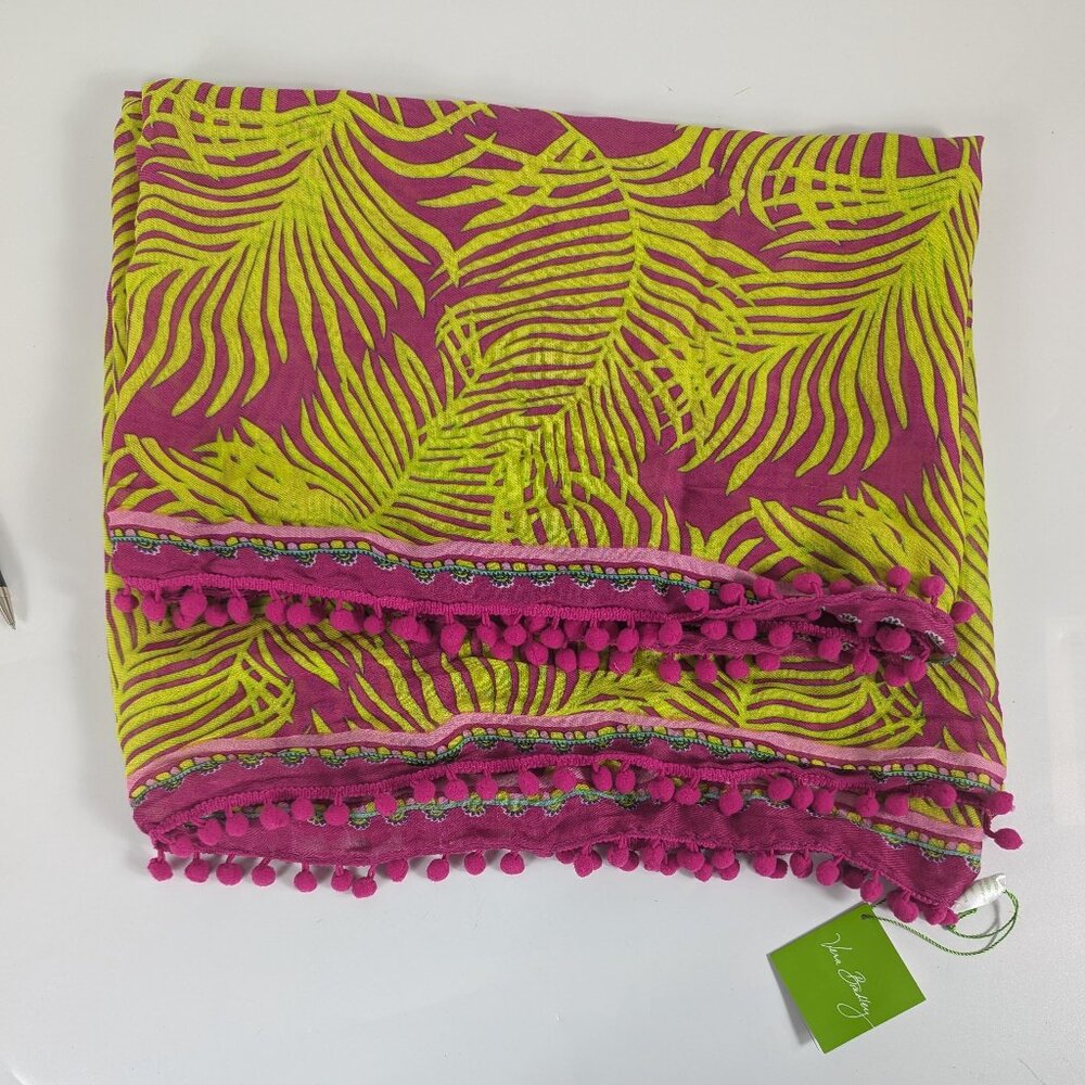 Vera Bradley Embellished Infinity Scarf Palm Fronds Pink Green Pom Pom Trim NWT